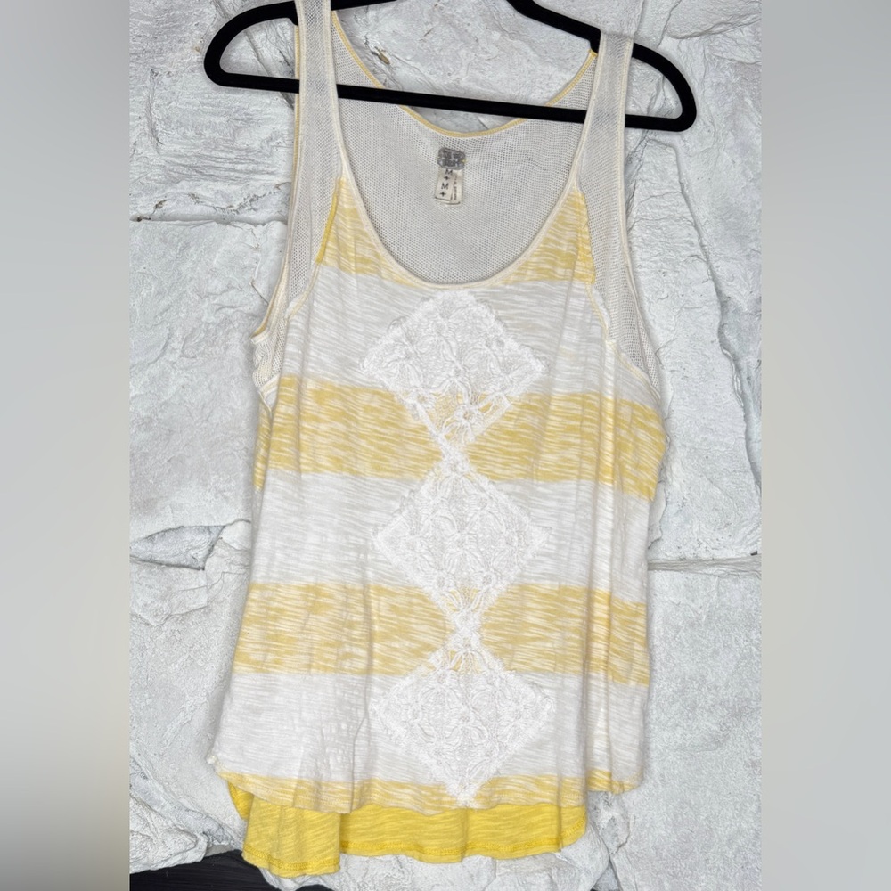 We The Free | Women’s Yellow & White Cotton High-Low Tank w/Mesh Detail, Size M